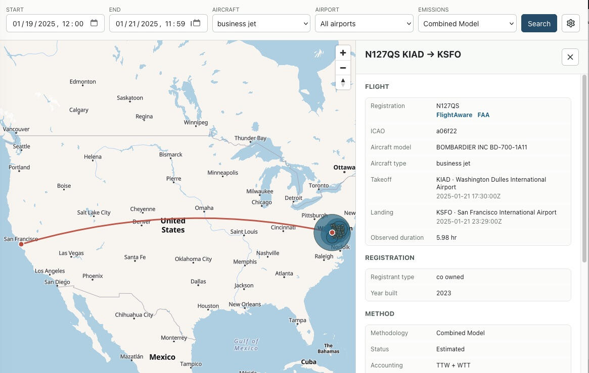 Screenshot of PJET - showing a flight that departed KIAD for KSFO on 1/21/25, with details